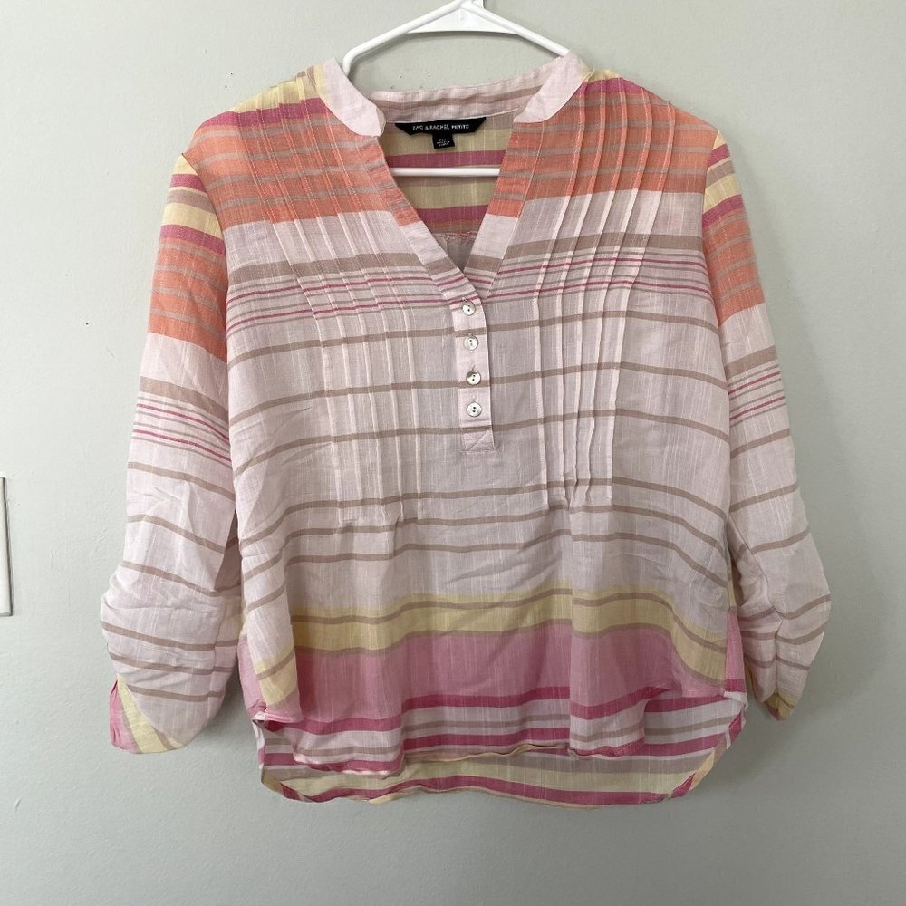 Zac & Rachel petite sheer 3/4 sleeve half button white coral pink shirt size M